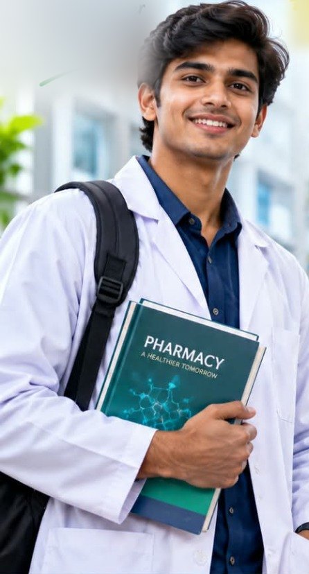 D.Pharm student in a lab coat holding a pharmacy textbook